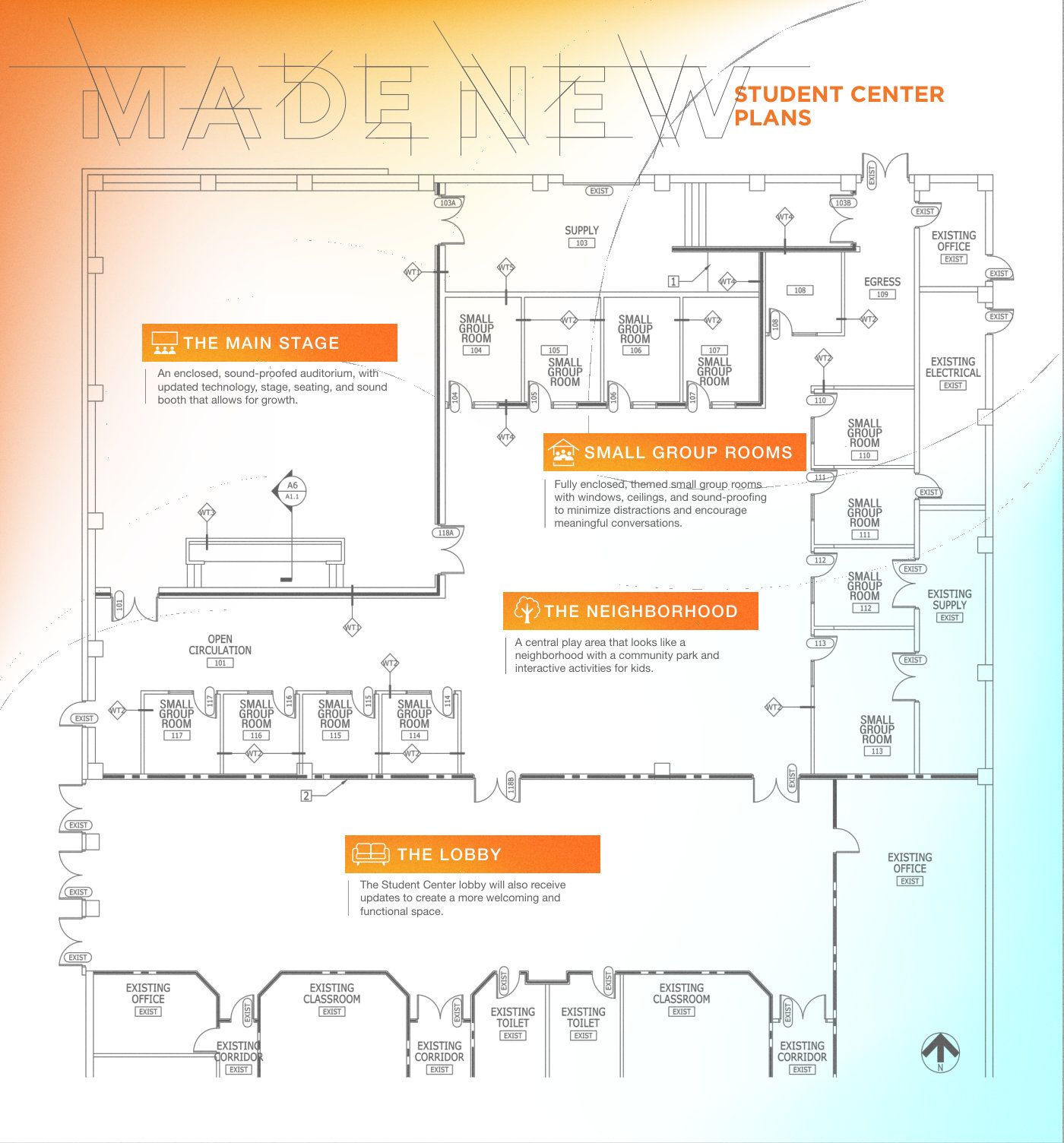 The complete Student Center plan, showing all rooms and areas together