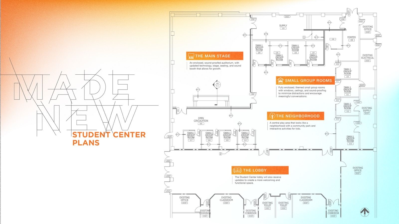 Building plan: the redesigned Bay Life Kids space in the Student Center